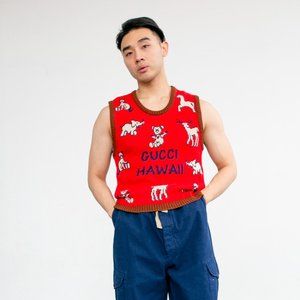 Gucci Red Hawaii Wool Cotton Vest